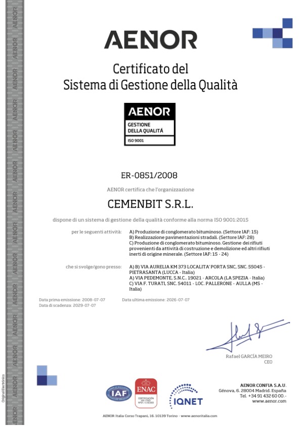 AENOR Certificato del Sistema di Gestione della Qualità
